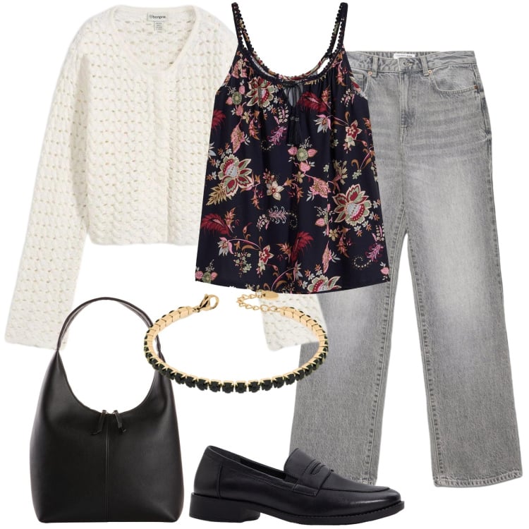 Outfit donna - Urban Denim: Grey & Bloom. Stile Urban per Scuola/Università. Abbinamento con mocassini, top, cardigans, shopping bag, jeans dritti, braccialetti.