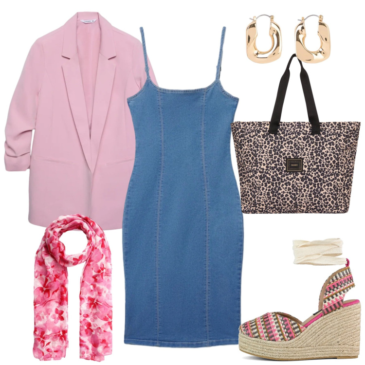Outfit donna - Denim Glamour: Pink Contrast. Stile Glamour per Serata fuori. Abbinamento con orecchini, blazer, foulard, vestiti midi/longuette, shopping bag, zeppe.