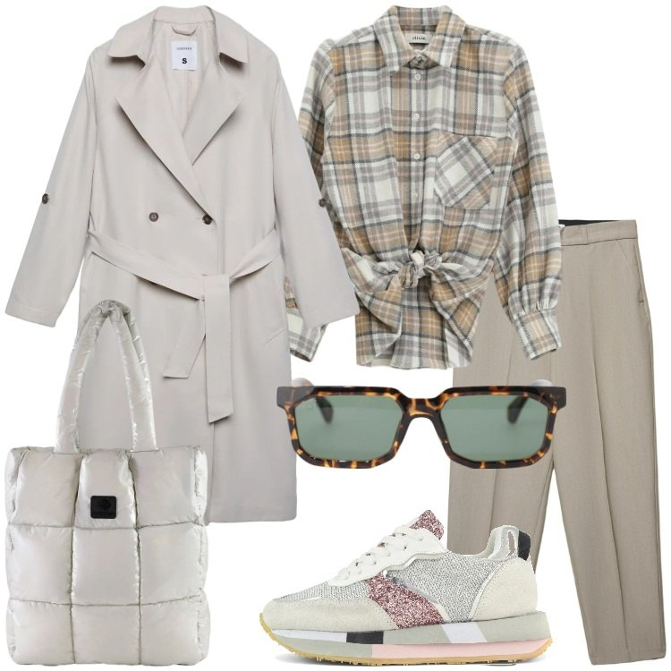 Outfit donna - Un trench a marzo - @susystyle. Stile Basic per Scuola/Università. Abbinamento con pantaloni chino, trench, occhiali da sole, camicie, shopping bag, sneakers.