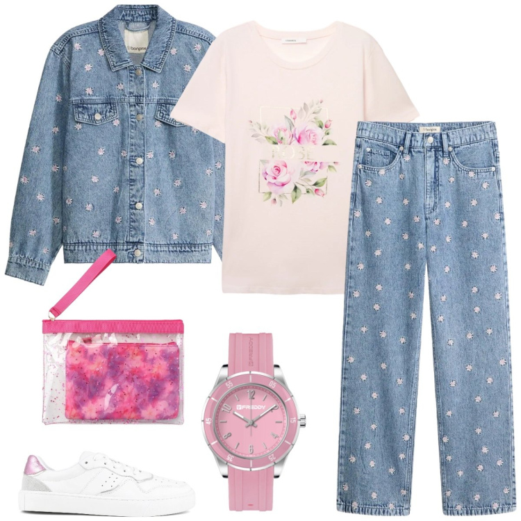 Outfit donna - Total look #2356586. Stile Casual per Tutti i giorni. Abbinamento con cappotti, jeans dritti, pochette, t-shirt, orologi, sneakers.
