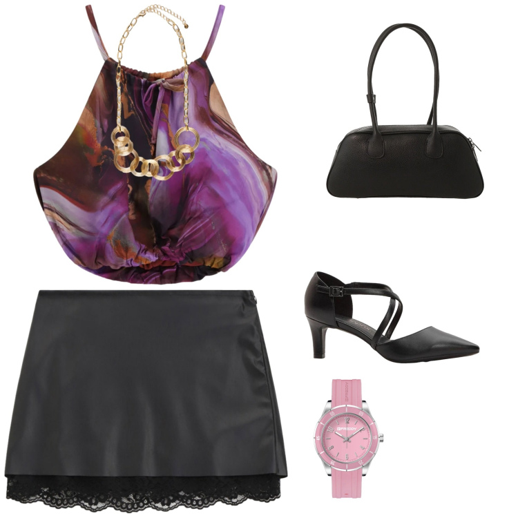 Outfit donna - Serata elegante. Stile Glamour per Serata fuori. Abbinamento con décolleté, collane, top, minigonne, borse a mano, orologi.