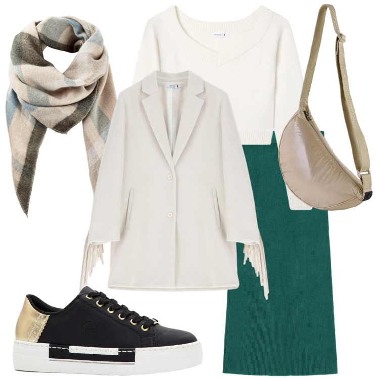 Outfit donna - Giornata frenetica, outfit comodo. Stile Casual per Scuola/Università. Abbinamento con sneakers, sciarpe, maglieria, gonne lunghe, cappotti, borse sportive.