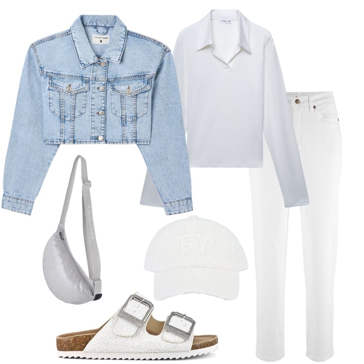 Outfit donna - Total White & Light Blue: Purezza Denim. Stile Minimal per Tutti i giorni. Abbinamento con jeans mom, polo, blazer, cappelli con visiera, borse a tracolla, sandali.