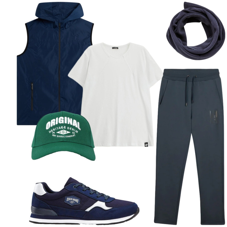 Outfit uomo - Total look #2356595. Stile Trendy per Sport. Abbinamento con sneakers, t-shirt, sciarpe, cappelli con visiera, pantaloni, piumini.
