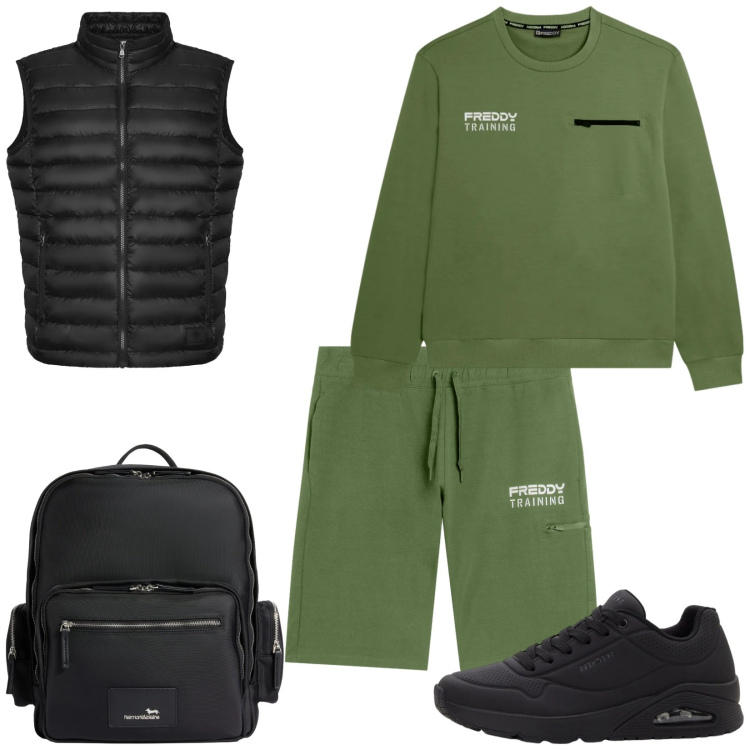Outfit uomo - Total look #2356597. Stile Trendy per Sport. Abbinamento con sneakers, borse sportive, felpe, bermuda, piumini.