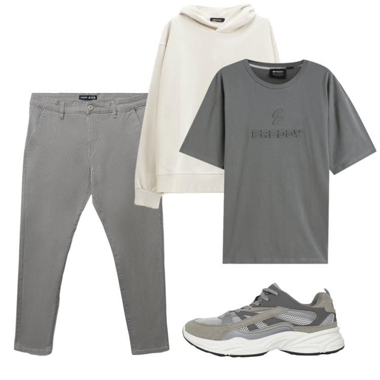 Outfit uomo - Spring. Stile Casual per Tutti i giorni. Abbinamento con felpe con cappuccio, sneakers, pantaloni chino, t-shirt.