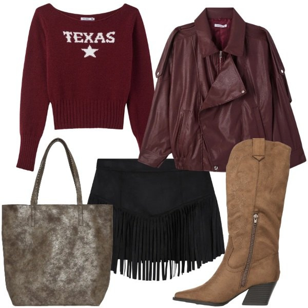 Outfit donna - Desert code Terranova. Stile Vintage retrò per Tutti i giorni. Abbinamento con shopping bag, giacche, maglieria, stivali, minigonne.