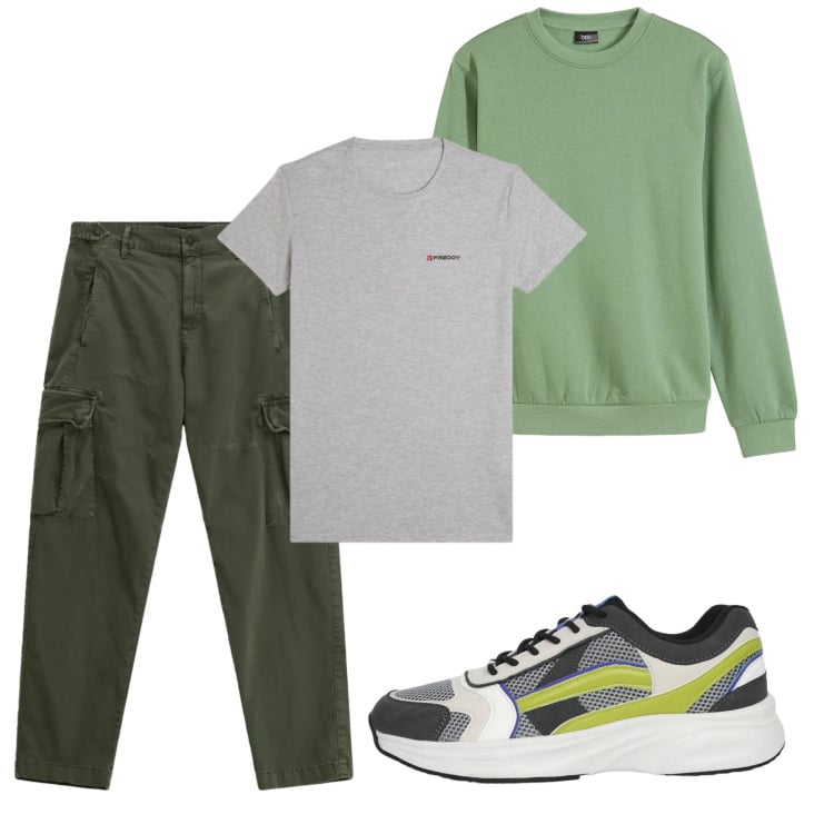 Outfit uomo - Green. Stile Casual per Tutti i giorni. Abbinamento con felpe, sneakers, pantaloni cargo, t-shirt sportive.