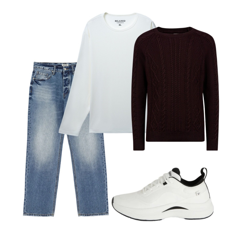 Outfit uomo - Sotto casa. Stile Casual per Tutti i giorni. Abbinamento con jeans, t-shirt, sneakers, maglieria.