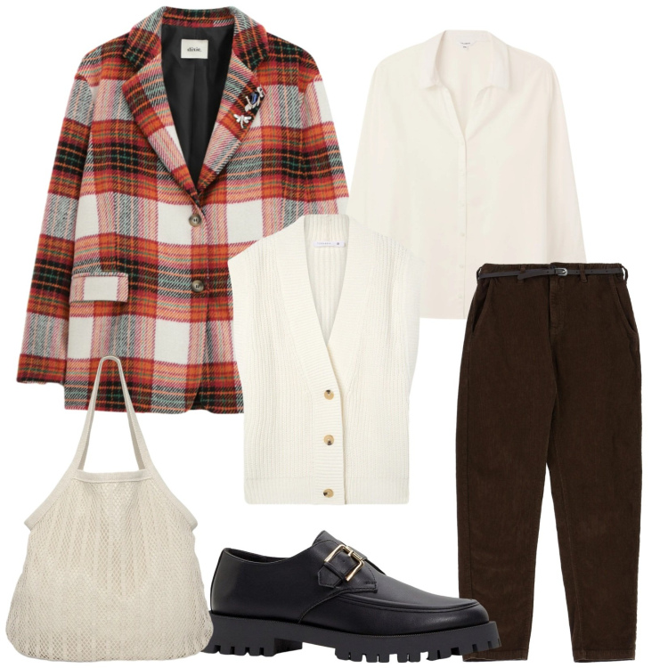 Outfit donna - Total look #2356630. Stile Urban per Ufficio. Abbinamento con mocassini, shopping bag, gilet, camicie, blazer, pantaloni chino.