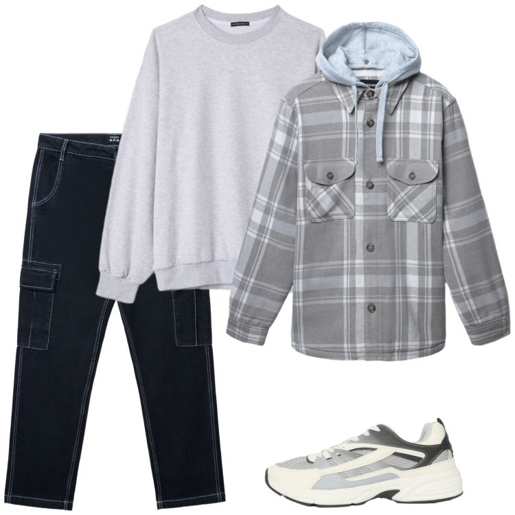 Outfit uomo - Teens. Stile Casual per Tutti i giorni. Abbinamento con pantaloni cargo, cappotti, sneakers, felpe.