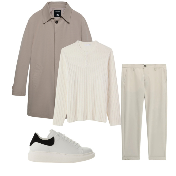 Outfit uomo - Total look #2356634. Stile Trendy per Serata speciale. Abbinamento con pantaloni, sneakers, trench, maglieria.