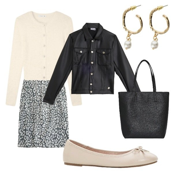 Outfit donna - le ballerine. Stile Basic per Tutti i giorni. Abbinamento con ballerine, borse tote, cardigans, orecchini, giacche, gonne.