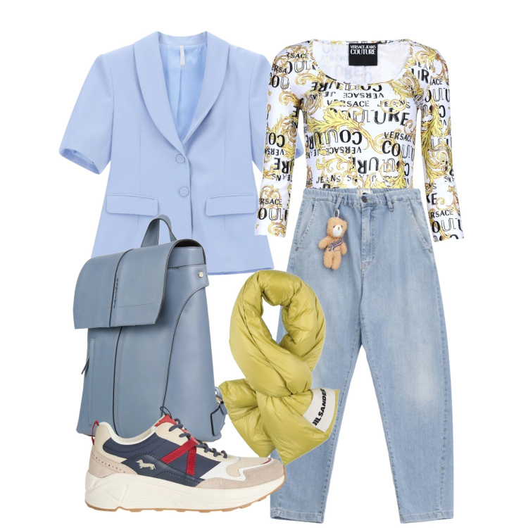 Outfit donna - Marzo. Stile Trendy per Tutti i giorni. Abbinamento con sciarpe, body, zaini, sneakers, blazer, jeans.