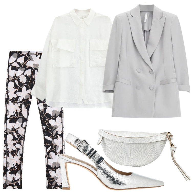 Outfit donna - Pantaloni fioriti. Stile Minimal per Tutti i giorni. Abbinamento con décolleté, marsupi, blazer, camicie, leggings.
