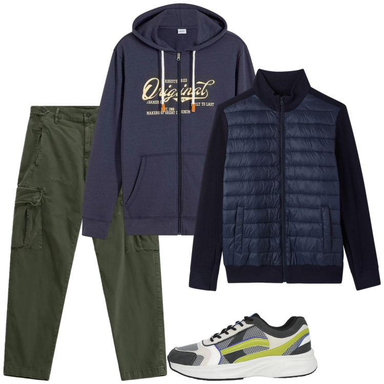 Outfit uomo - Total look #2356647. Stile Casual per Tutti i giorni. Abbinamento con felpe con cappuccio, sneakers, giacche, pantaloni cargo.