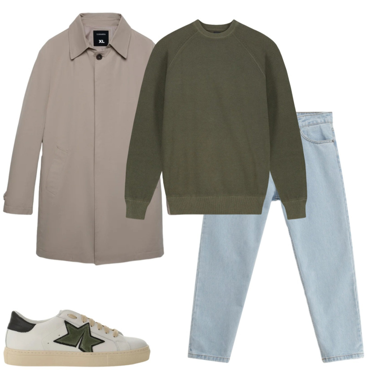 Outfit uomo - Total look #2356653. Stile Casual per Tutti i giorni. Abbinamento con jeans, sneakers, trench, maglieria.