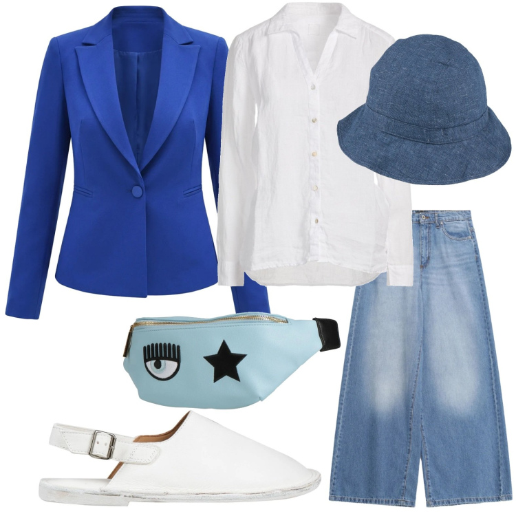Outfit donna - Bluette day. Stile Minimal per Tutti i giorni. Abbinamento con camicie, ballerine, cappelli, marsupi, jeans, blazer.