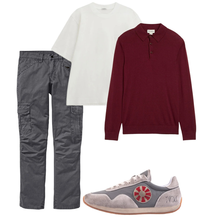 Outfit uomo - Marzo. Stile Casual per Tutti i giorni. Abbinamento con pantaloni cargo, maglieria, t-shirt, sneakers.