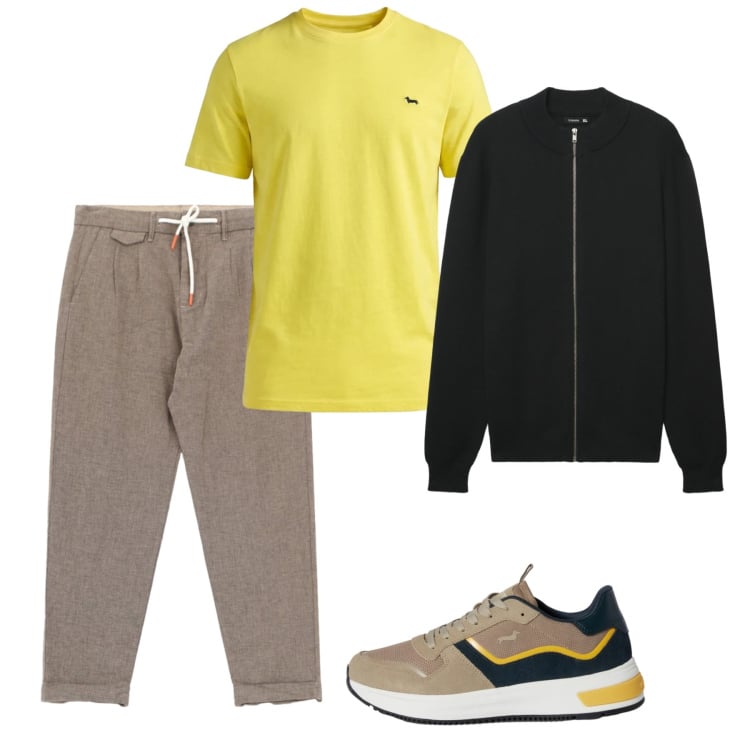 Outfit uomo - Accenni di primavera. Stile Casual per Tutti i giorni. Abbinamento con sneakers, t-shirt, pantaloni, cardigans.