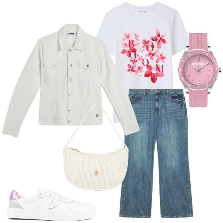 Outfit donna - Total look #2356667. Stile Casual per Tutti i giorni. Abbinamento con t-shirt, jeans, orologi, giacche, borse a mano, sneakers.