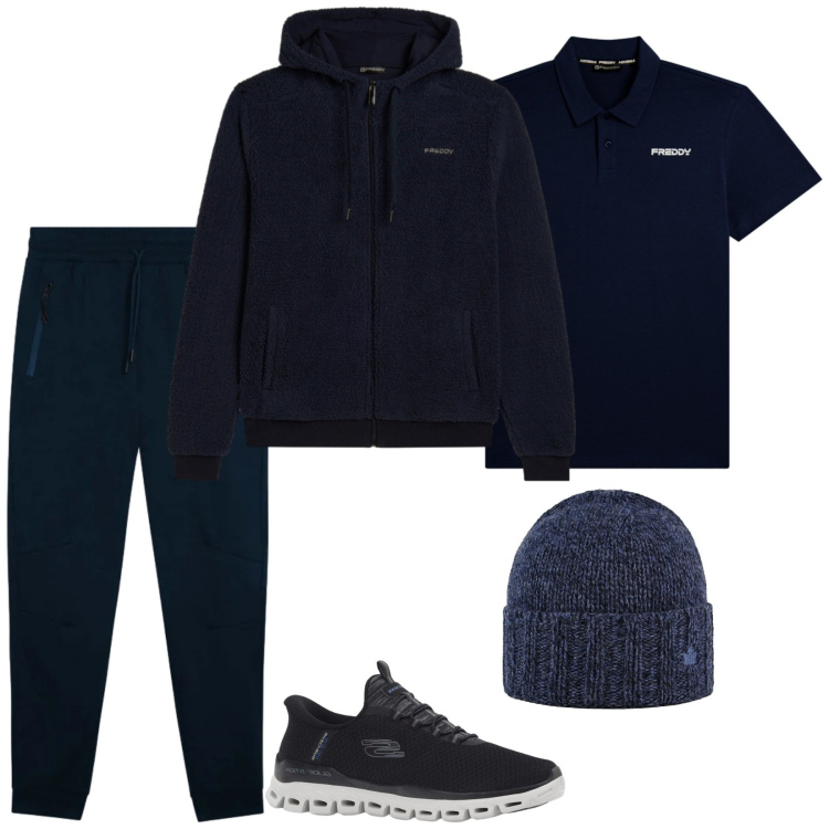 Outfit uomo - Deep Blue by Freddy. Stile Casual per Sport. Abbinamento con sneakers, pantaloni, felpe con cappuccio, polo, cappelli.
