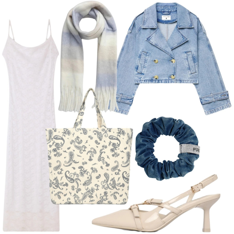 Outfit donna - Mini trench in denim. Stile Minimal per Tutti i giorni. Abbinamento con vestiti senza maniche, décolleté, sciarpe, caban, shopping bag, accessori per capelli.