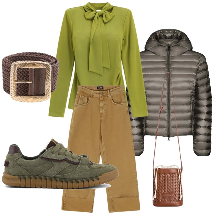 Outfit donna - Camicia bon ton. Stile Bon Ton per Tutti i giorni. Abbinamento con borse a secchiello, cinture, maglieria, pantaloni a palazzo, bomber, sneakers.