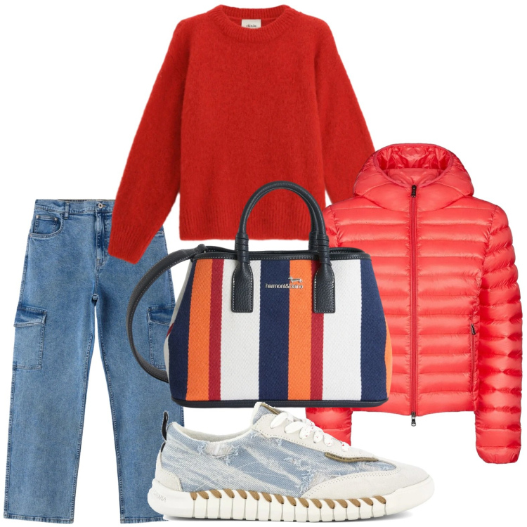 Outfit donna - La borsa multicolor. Stile Minimal per Ufficio. Abbinamento con shopping bag, jeans dritti, maglieria, bomber, sneakers.
