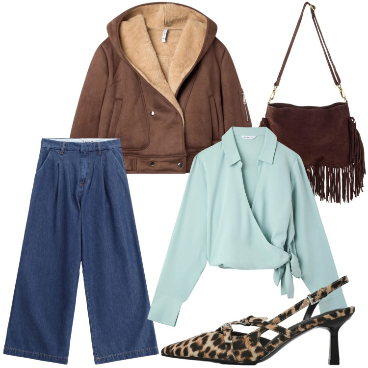 Outfit donna - Animalier. Stile Casual per Tutti i giorni. Abbinamento con borse a tracolla, camicie, décolleté, bomber, jeans.