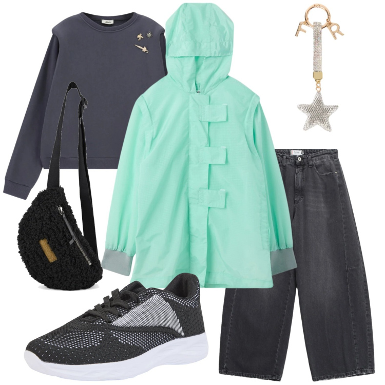 Outfit donna - Giornata con stile. Stile Minimal per Tutti i giorni. Abbinamento con sneakers, trench, portachiavi, felpe, jeans, marsupi.