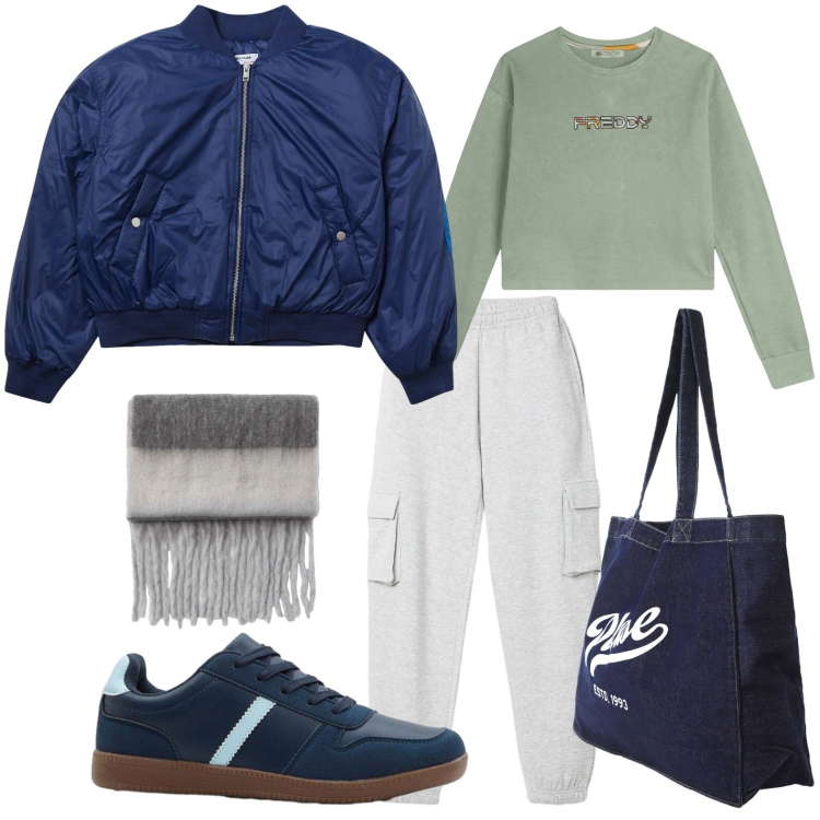 Outfit donna - La shopper sportiva. Stile Minimal per Tutti i giorni. Abbinamento con sneakers, pantaloni, sciarpe, bomber, shopping bag, felpe.