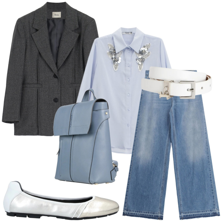 Outfit donna - City. Stile Urban per Ufficio. Abbinamento con ballerine, zaini, cinture, blazer, jeans, camicie.