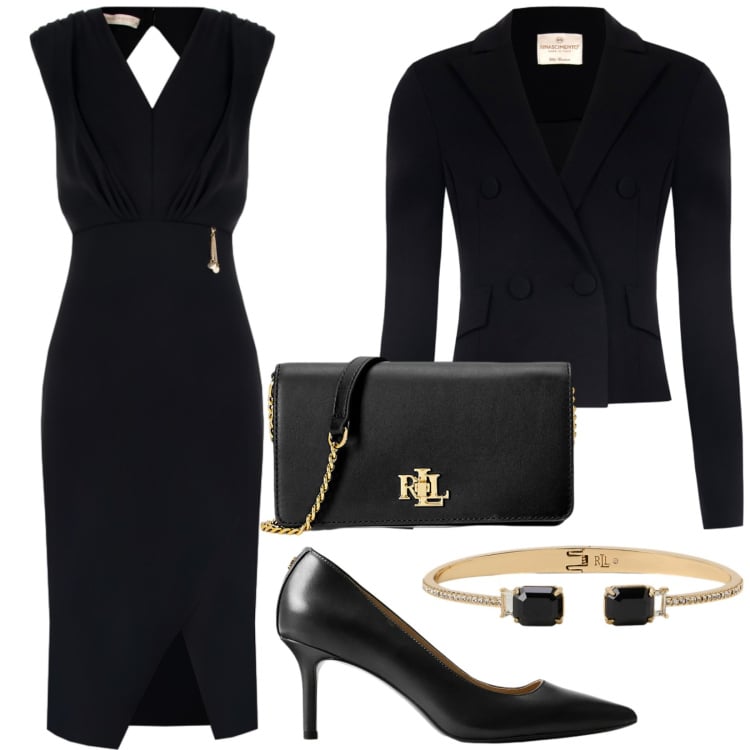 Outfit donna - Eleganza senza tempo. Stile Chic per Serata fuori. Abbinamento con blazer, vestiti asimmetrici, décolleté, borse a mano, braccialetti.