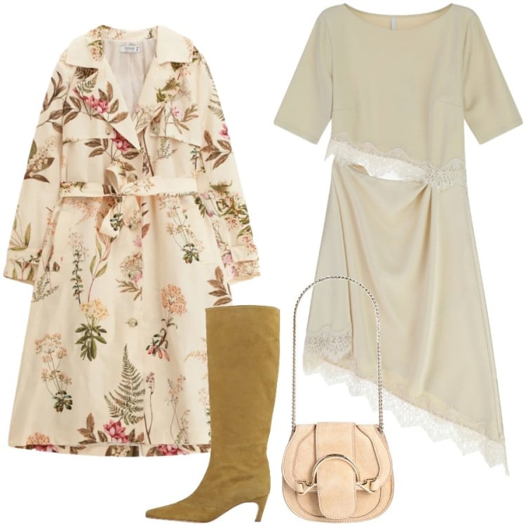 Outfit donna - La primavera sul trench. Stile Chic per Cerimonia. Abbinamento con marsupi, stivali, vestiti asimmetrici, trench.