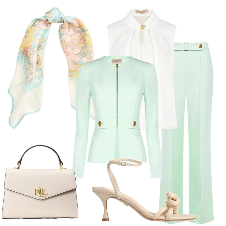 Outfit donna - Verde menta per la cerimonia. Stile Bon Ton per Cerimonia. Abbinamento con sandali in pelle, top, blazer, pantaloni, borse a mano, foulard.