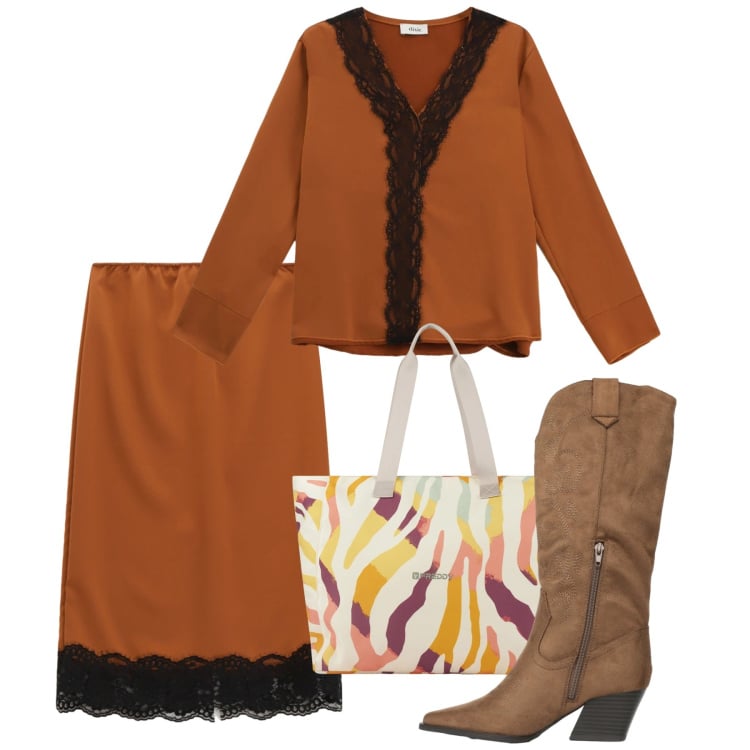 Outfit donna - Orange time. Stile Boho per Tutti i giorni. Abbinamento con stivali, gonne longuette, bluse, shopping bag.