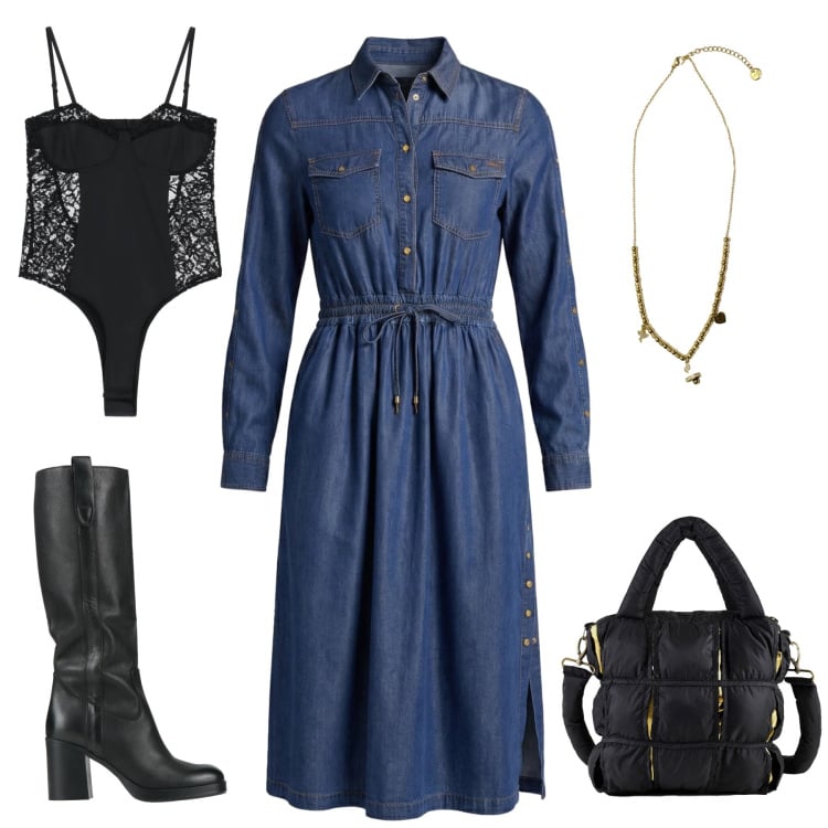 Outfit donna - Il Denim incontra il Pizzo. Stile Urban per Tutti i giorni. Abbinamento con stivali, vestiti chemisier, body, ciondoli, borse a mano.