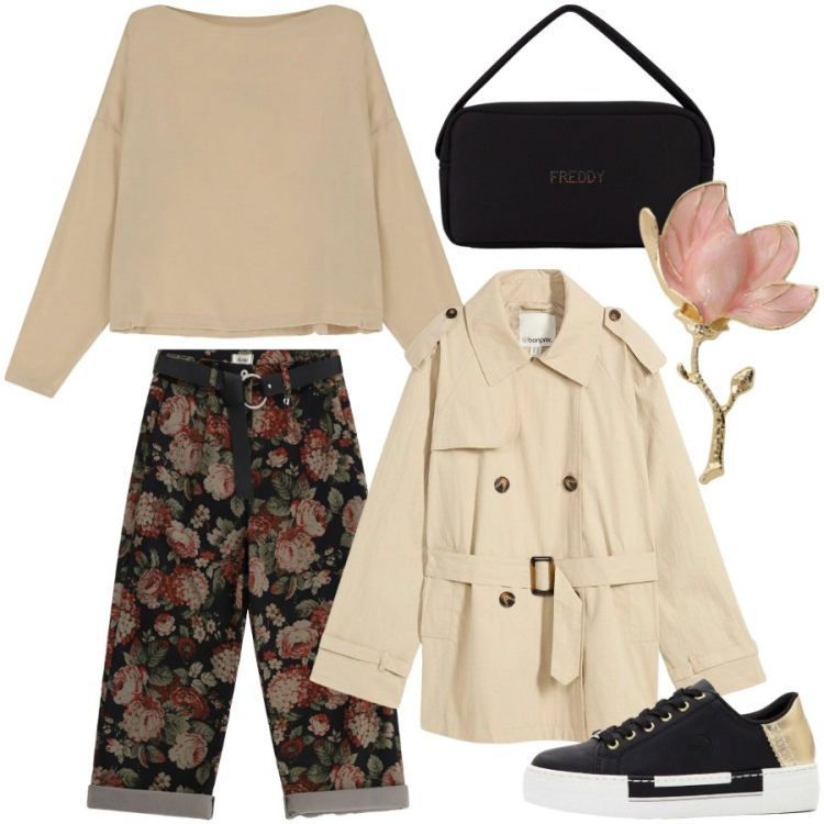 Outfit donna - Guardaroba in fiore. Stile Casual chic per Tutti i giorni. Abbinamento con sneakers, trench, pantaloni a palazzo, t-shirt, blazer, borse a mano.