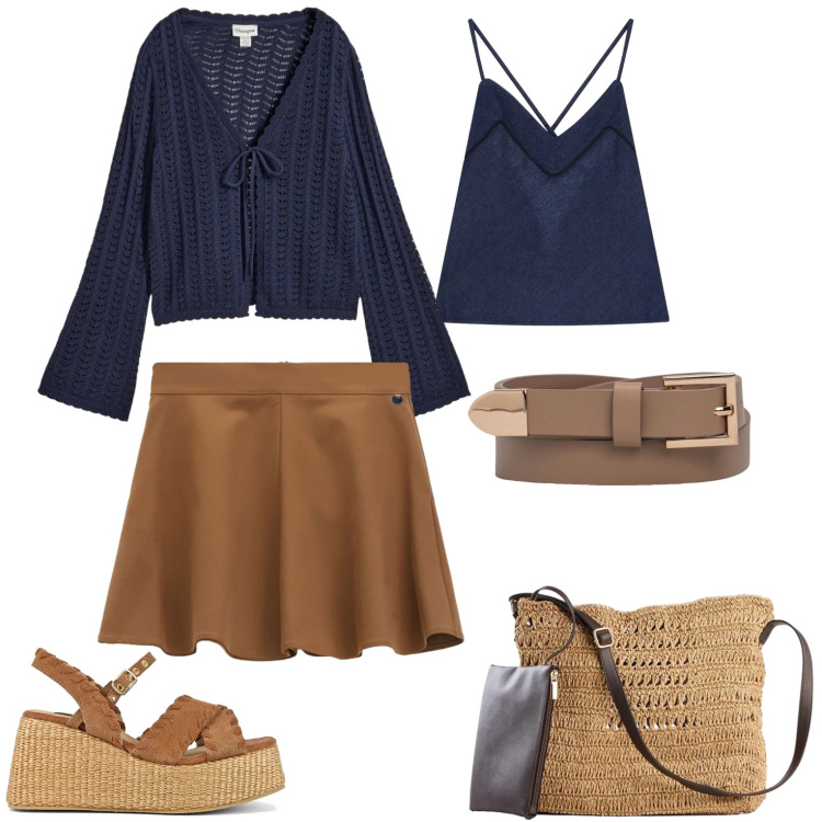 Outfit donna - Every day. Stile Casual per Tutti i giorni. Abbinamento con borse a tracolla, cardigans, minigonne, top, zeppe, cinture.