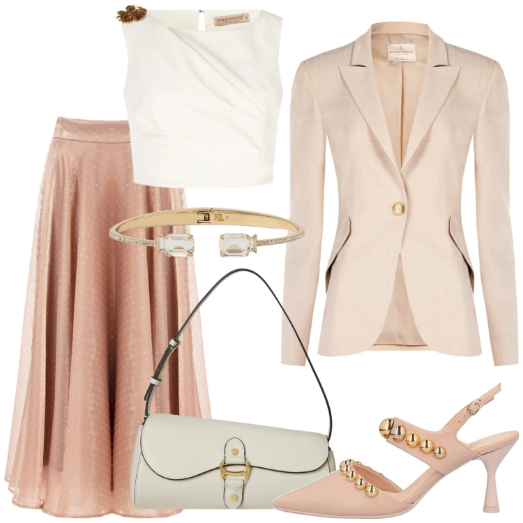 Outfit donna - Profumo di primavera. Stile Romantica per Cerimonia. Abbinamento con décolleté, gonne longuette, top, blazer, borse a spalla, braccialetti.