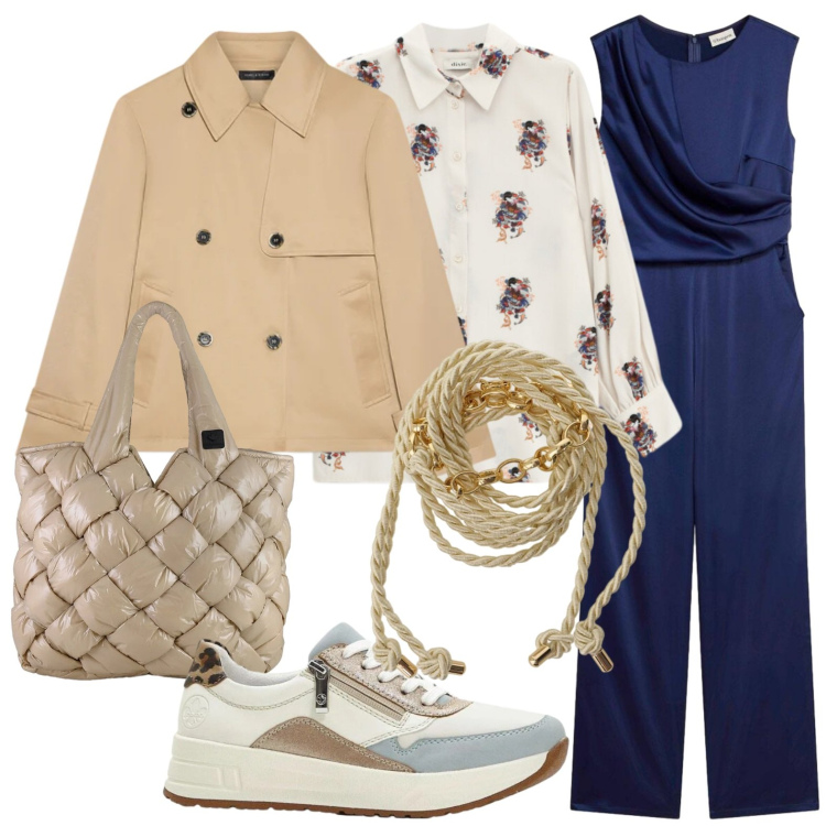 Outfit donna - Jumpsuit in ufficio. Stile Casual chic per Ufficio. Abbinamento con tute, sneakers, trench, cinture, camicie, borse tote.