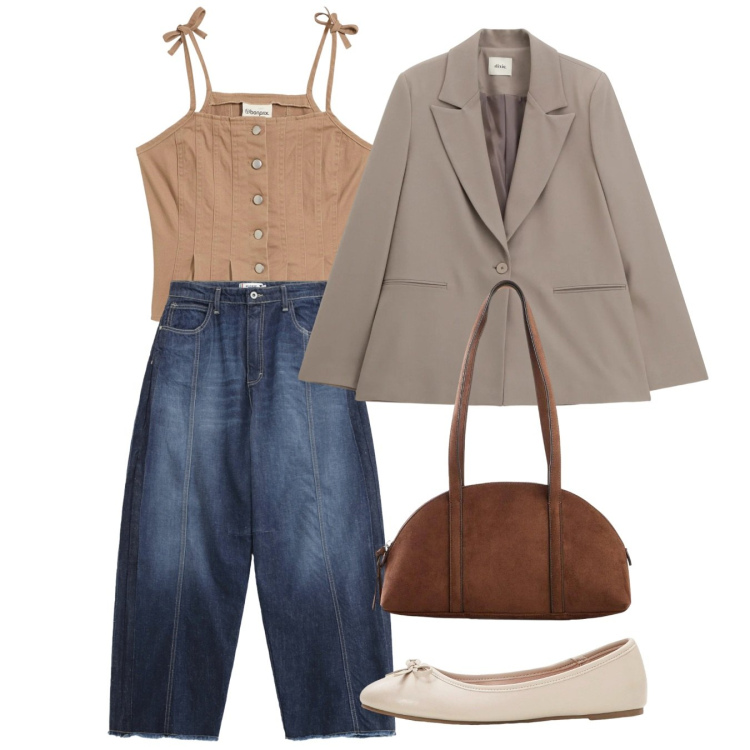 Outfit donna - Marzo con grazia. Stile Bon Ton per Tutti i giorni. Abbinamento con ballerine, top, borse a tracolla, blazer, jeans.