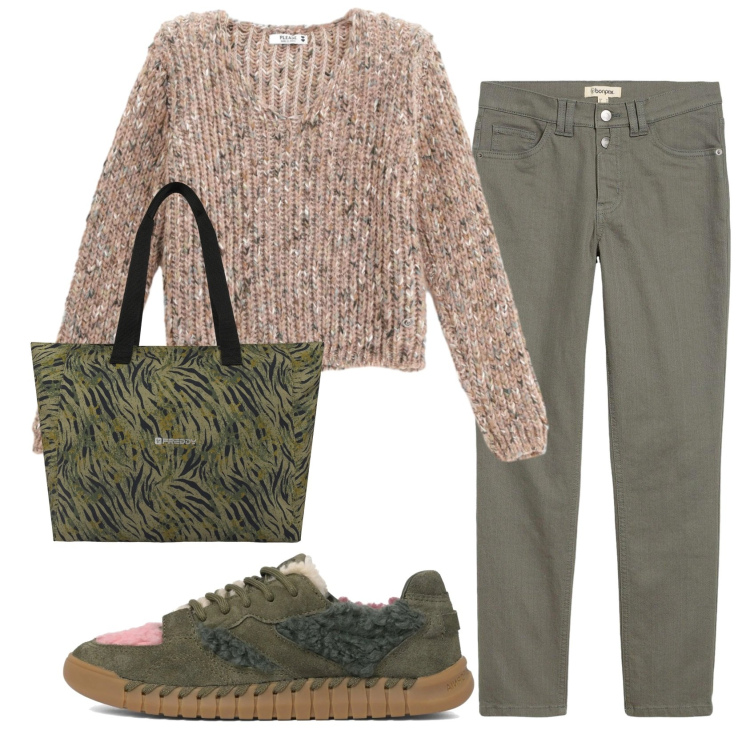 Outfit donna - Total look #2356776. Stile Casual per Ufficio. Abbinamento con pantaloni, shopping bag, maglieria, sneakers.