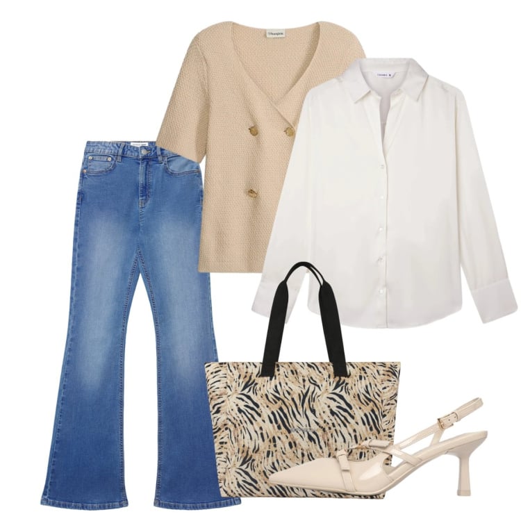 Outfit donna - Neutri e jeans. Stile Casual chic per Tutti i giorni. Abbinamento con cardigans, jeans a zampa, camicie, décolleté, shopping bag.