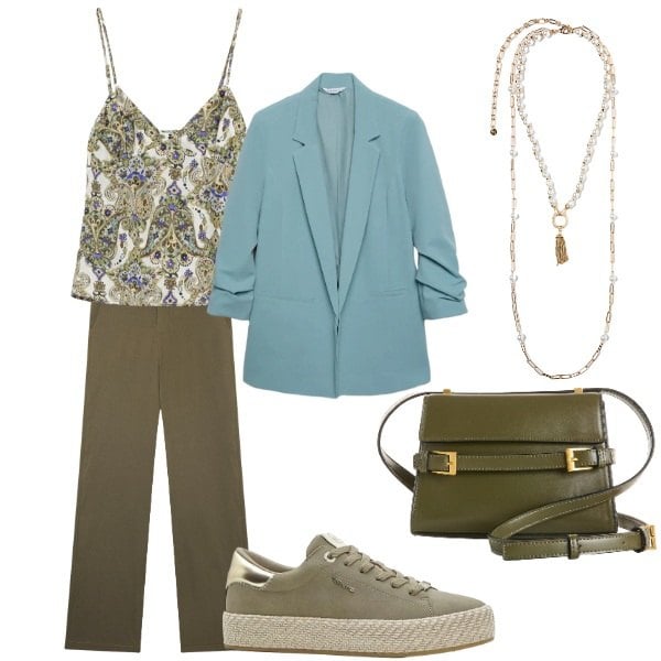 Outfit donna - verde e azzurro. Stile Casual per Ufficio. Abbinamento con borse a tracolla, sneakers, blazer, pantaloni, collane, top.