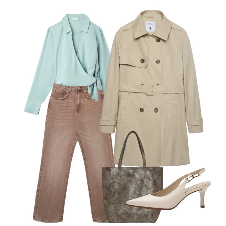 Outfit donna - Acqua e kaki. Stile Casual chic per Tutti i giorni. Abbinamento con décolleté, camicie, shopping bag, jeans dritti, trench.