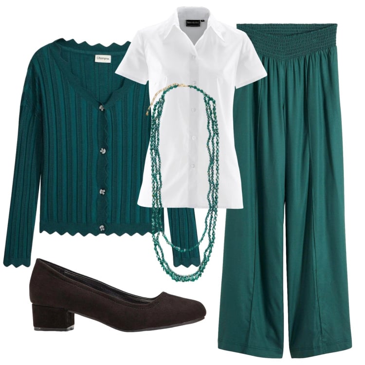 Outfit donna - Total look #2356794. Stile Basic per Tutti i giorni. Abbinamento con cardigans, pantaloni, camicie a manica corta, décolleté, collane.
