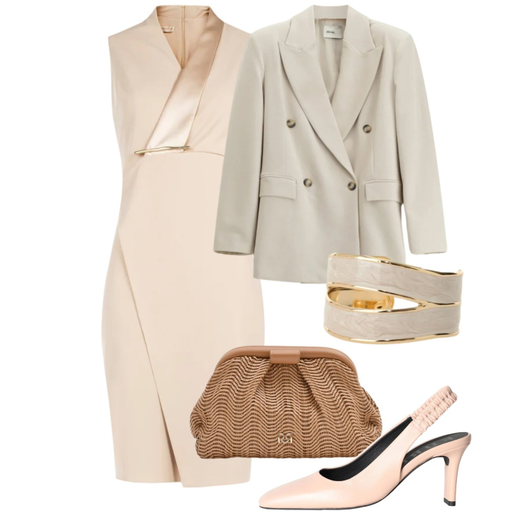 Outfit donna - Cerimonia avorio. Stile Chic per Cerimonia. Abbinamento con décolleté, blazer, anelli, vestiti asimmetrici, pochette.