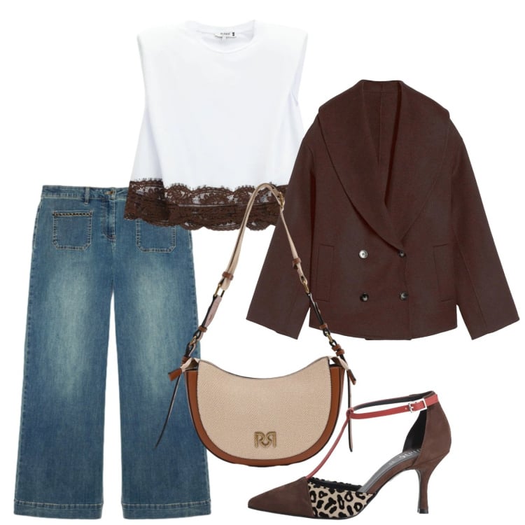 Outfit donna - Moro. Stile Casual chic per Tutti i giorni. Abbinamento con caban, jeans, décolleté, top, borse a tracolla.